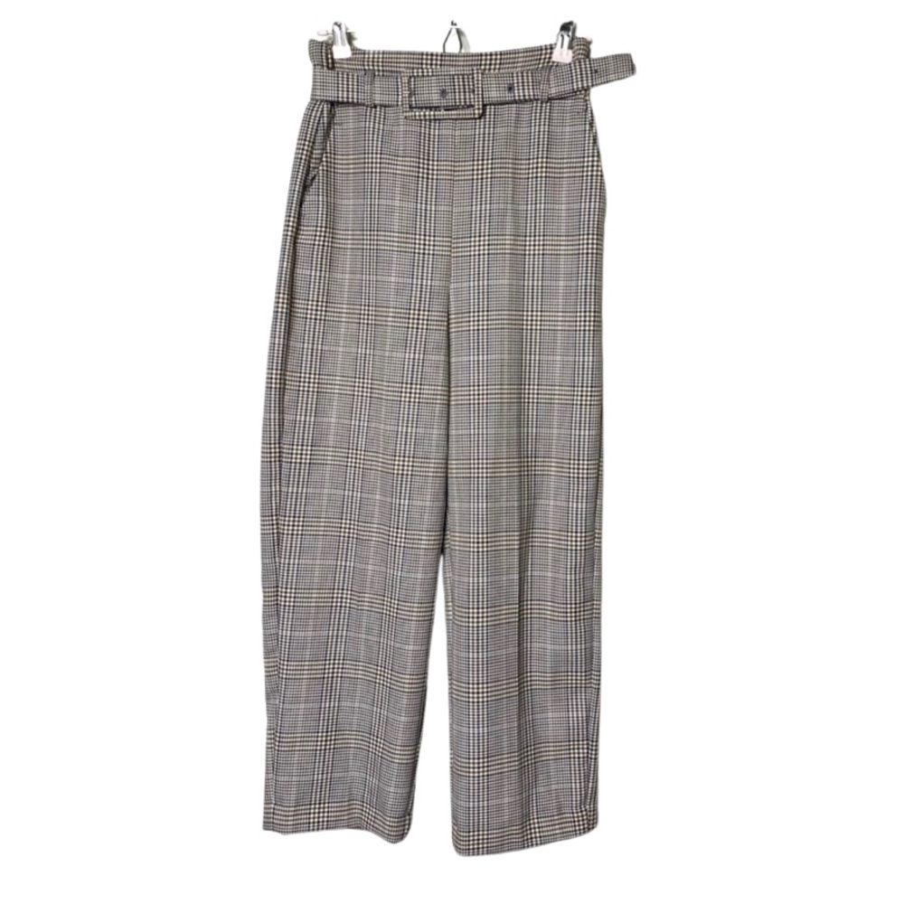 Zara High Waisted Belted Plaid grey brownWide Leg Pockets Side Zipper sz XS